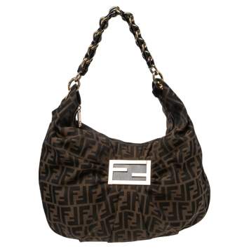 Pre Owned Fendi Brown Zucca Canvas And Patent Leather Mia Hobo