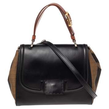 Pre Owned Fendi Black/Tobacco Penguin Stripe Canvas and Leather Silvana Top Handle Bag