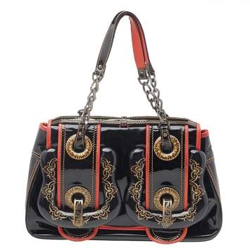 Pre Owned Fendi Black/Orange Patent Leather And Leather B Bag Shoulder Bag