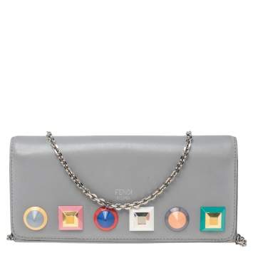 Pre Owned Fendi Grey Leather Studded Flap Wallet On Chain