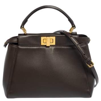 Pre Owned Fendi Dark Beige Leather Mini Peekaboo Top Handle Bag