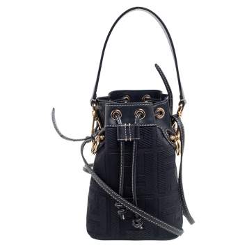 Pre Owned Fendi Black FF Embroidered Canvas and Leather Mini Mon Tresor Drawstring Bucket Bag