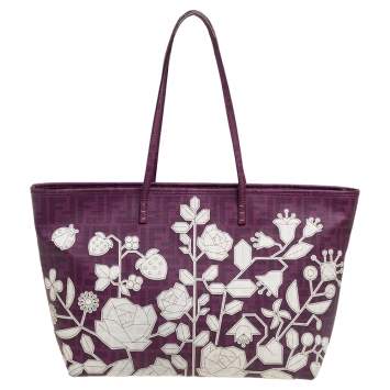 Pre Owned Fendi Purple Zucca Coated Canvas Floral Embroidered Roll Tote