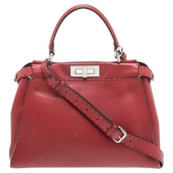 Pre Owned Fendi Red Leather Medium Selleria Peekaboo Top Handle Bag