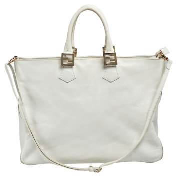 Pre Owned Fendi White Leather Twins Shopper Tote