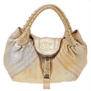 Pre Owned Fendi Metallic Gold Leather Holographic Textured Spy Hobo