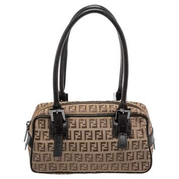 Pre Owned Fendi Brown Zucchino Canvas and Leather Trim Mini Boston Bag