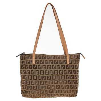 Pre Owned Fendi Beige/Tobacco Zucchino Canvas and Leather Top Zip Tote