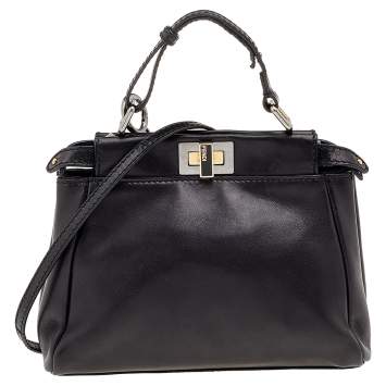 Pre Owned Fendi Navy Blue Leather Mini Peekaboo Top Handle Bag