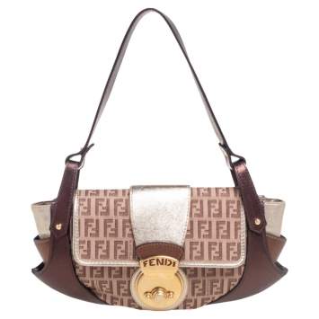 Pre Owned Fendi Metallic Bronze Zucchino Canvas and Leather Compilation Bag