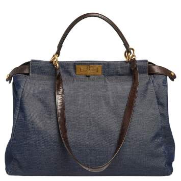 Pre Owned Fendi Blue/Brown Denim and Leather Large Peekaboo Top Handle Bag