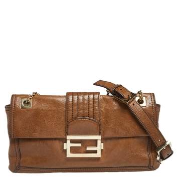 Pre Owned Fendi Brown Leather Borsa Flap Chain Baguette 
