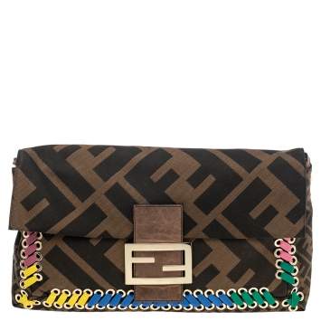 Pre Owned Fendi Tobacco Zucca Canvas and Leather Whipstitch Baguette Oversize Flap Clutch