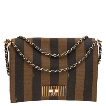Pre Owned Fendi Tobacco Canvas Large Pequin Stripe Claudia Shoulder Bag