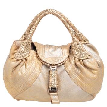Pre Owned Fendi Gold Holographic Textured Leather Spy Bag