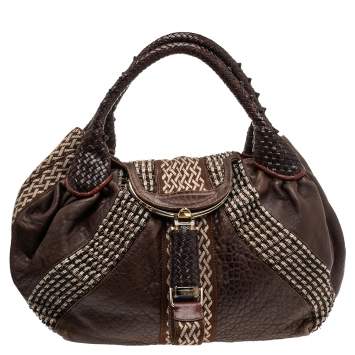Pre Owned Fendi Brown Leather and Fabric Beaded Spy Hobo