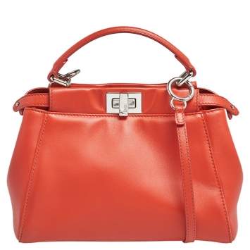 Pre Owned Fendi Orange Leather Mini Peekaboo Top Handle Bag
