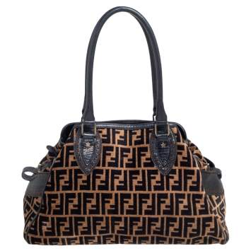 Pre Owned Fendi Black/Tobacco Velvet and Leather Medium Chef De Jour Bag