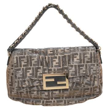 Pre Owned Fendi Gold/Silver Zucca Glitter Jacquard Fabric Mia Flap Bag