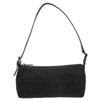 Pre Owned Fendi Black Zucchino Canvas and Leather Baguette Bag
