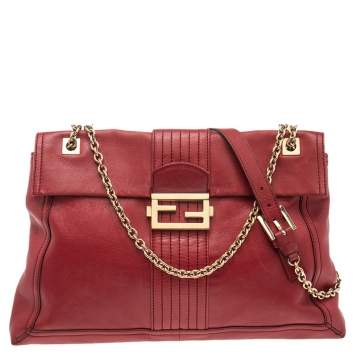 Pre Owned Fendi Red Leather Maxi Baguette Flap Shoulder Bag