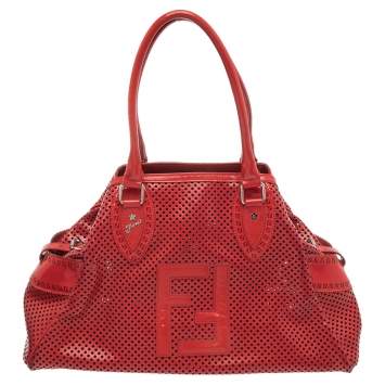 Pre Owned Fendi Red Perforated Patent Leather De Jour Tote