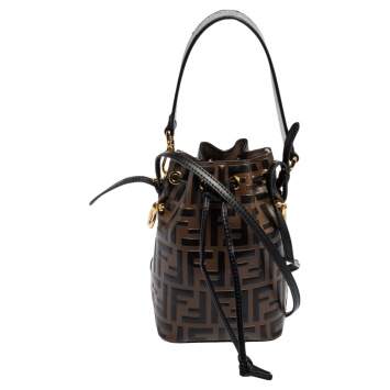 Pre Owned Fendi Brown/Black Zucca Leather Mini Mon Tresor Drawstring Bucket Bag