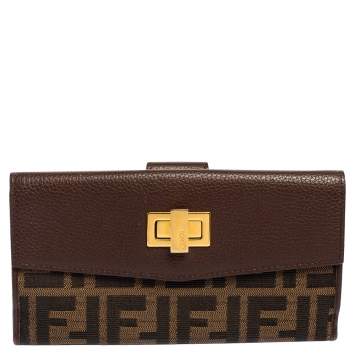 Pre Owned Fendi Tobacco Zucca Canvas and Leather Turnlock Flap Continental Wallet