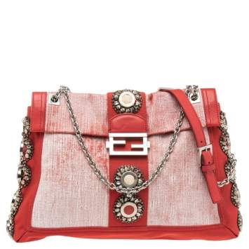 Pre Owned Fendi Red/White Canvas and Leather Maxi Baguette Embellished Shoulder Bag