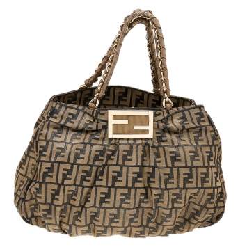 Pre Owned Fendi Tobacco Zucca Shimmer Canvas Large Mia Shoulder Bag