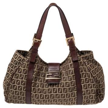 Pre Owned Fendi Tobacco Zuchhino Canvas and Leather FF Flap Satchel