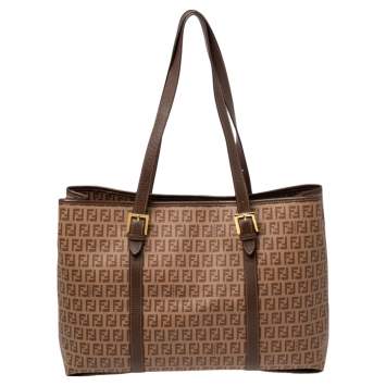Pre Owned Fendi Brown Zucchino Coated Canvas and Leather Spalmati Tote