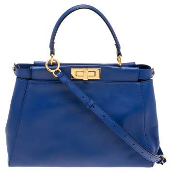 Pre Owned Fendi Blue Leather Medium Peekaboo Top Handle Bag