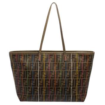 Pre Owned Fendi Tobacco Spalmati Striped Zucca Coated Canvas Large Roll Tote