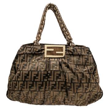 Pre Owned Fendi Metallic Brown Zucca Canvas Large Mia Chain Tote
