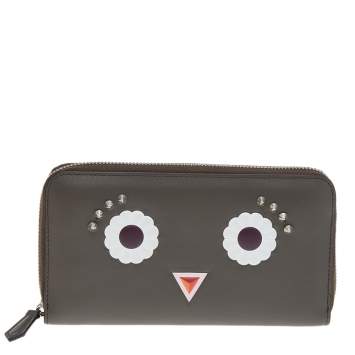 Pre Owned Fendi Taupe Leather Century Hypnoteyes Zip Around Wallet