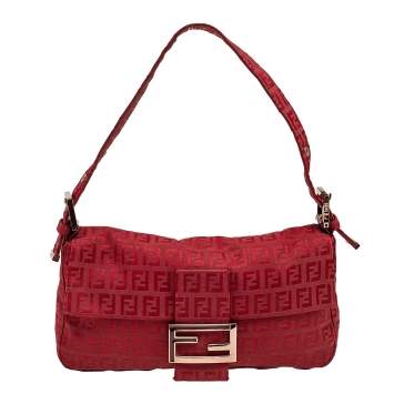 Pre Owned Fendi Red Zucchino Canvas Mama Baguette Bag