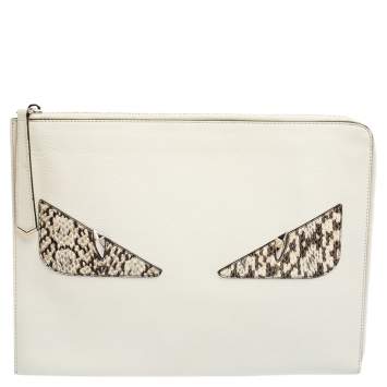 Pre Owned Fendi White/Grey Snakeskin & Leather Monster Flat Clutch