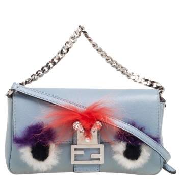 Pre Owned Fendi Light Blue Leather and Fur Micro Monster Baguette Bag