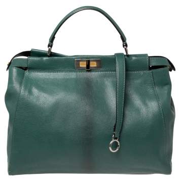 Pre Owned Fendi Green Leather Large Peekaboo Top Handle Bag