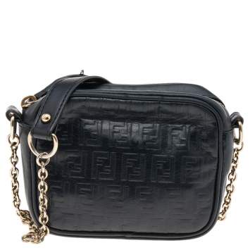 Pre Owned Fendi Black Logo Embossed Leather Crossbody Bag