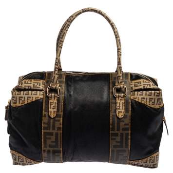 Pre Owned Fendi Brown/Black Zucca Canvas And Leather Mixed Media Boston Bag