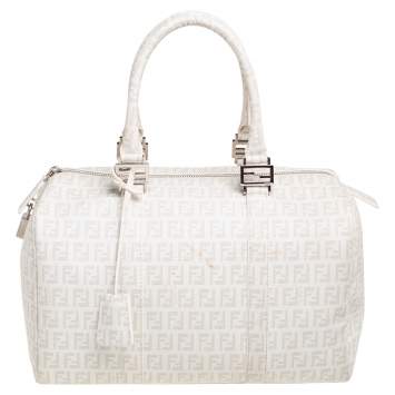 Pre Owned Fendi White Zucchino Coated Canvas Forever Bauletto Boston Bag