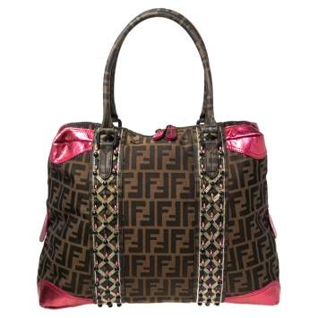 Pre Owned Fendi Tobacco Zucca Canvas And Pink Leather Embellished Satchel