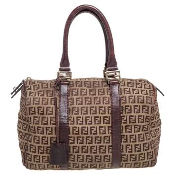 Pre Owned Fendi Brown/Beige Zucchino Canvas And Leather Bauletto Duffel Bag