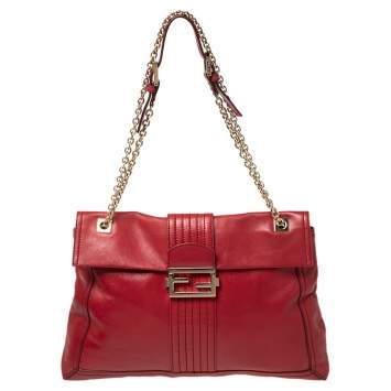 Pre Owned Fendi Red Leather Maxi Baguette Flap Shoulder Bag