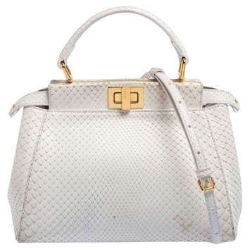Pre Owned Fendi White Python Mini Peekaboo Top Handle Bag