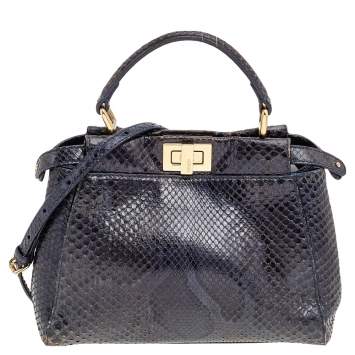 Pre Owned Fendi Navy Blue/Black Python Leather Mini Peekaboo Bag 