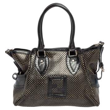 Pre Owned Fendi Black Perforated Patent and Leather Du Jour Tote