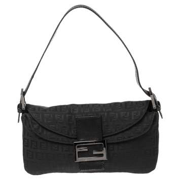 Pre Owned Fendi Black Zucca Canvas Double Flap Baguette Bag